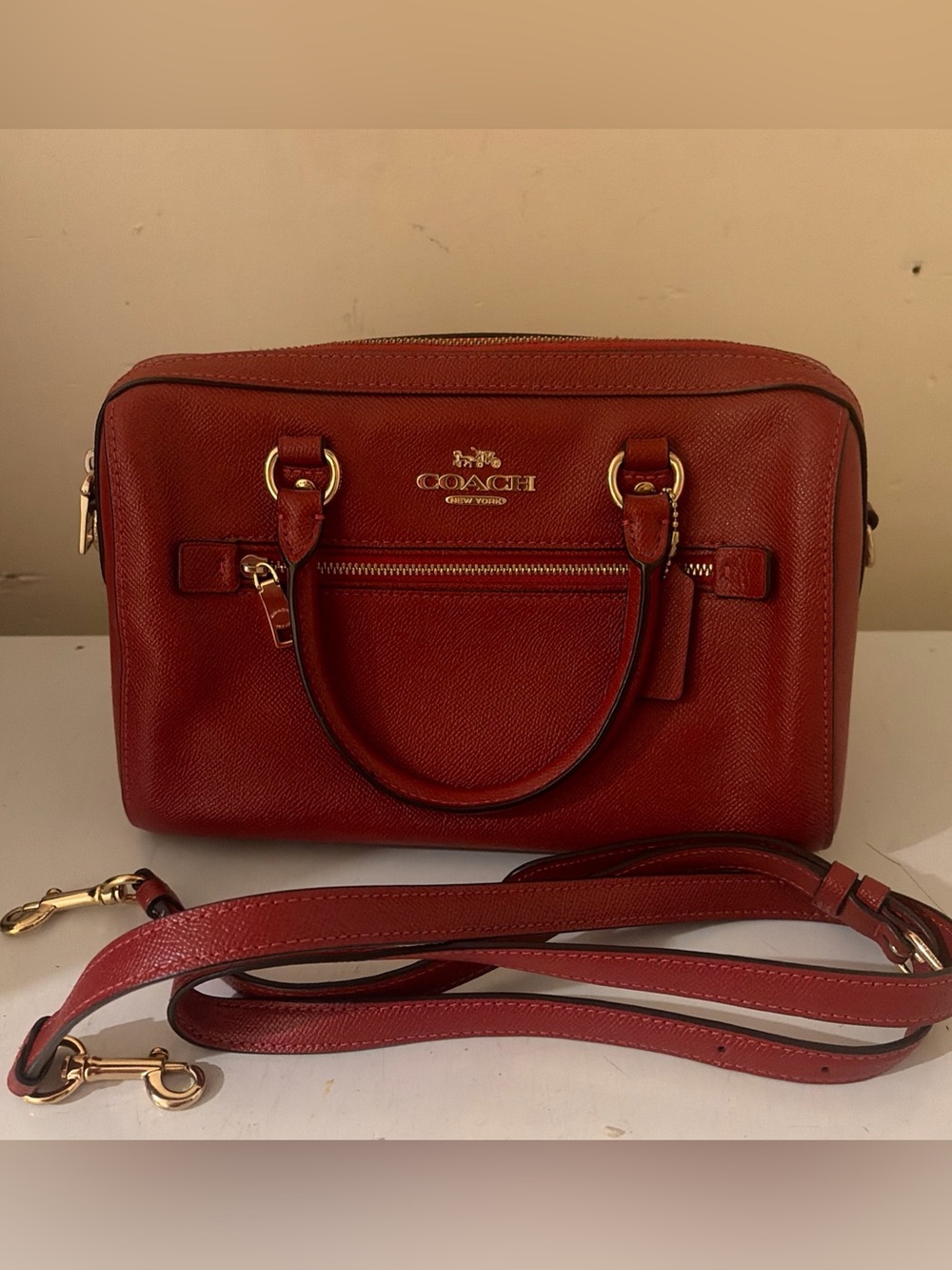 Coach Red Leather Satchel with Gold Hardware and Removable Strap